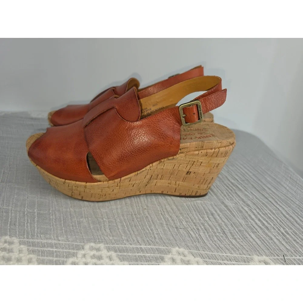 Kork-Ease Women 8M Rust Orange Leather Cork Wedge Platform Sandals KE0010508